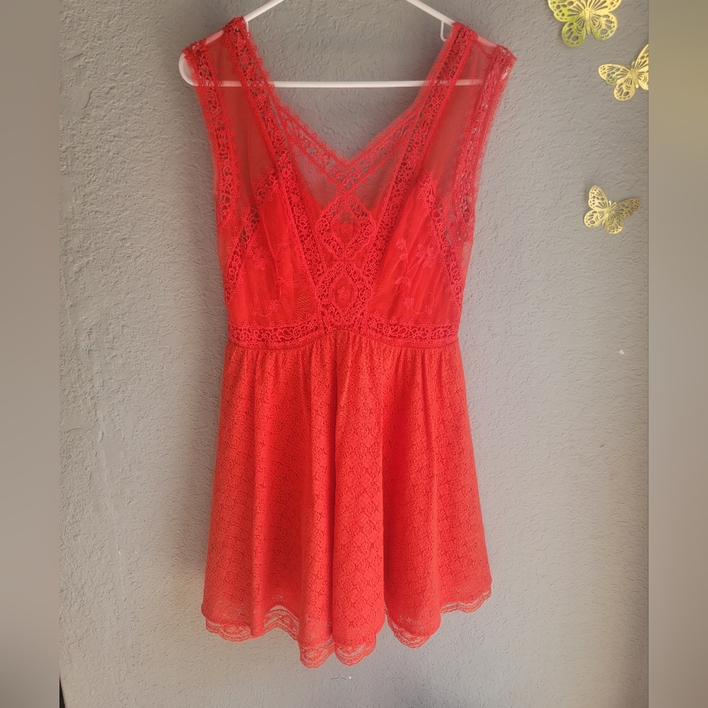 Free People Coral Red Lace Dress with Tulle Size 6